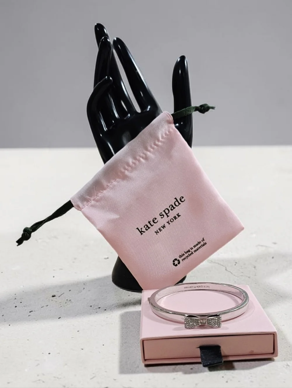 Kate Spade NY Crystal Bow Hinged Bangle Bracelet Silver Tone | Pouch ÷ Box NWOT - Picture 7 of 8